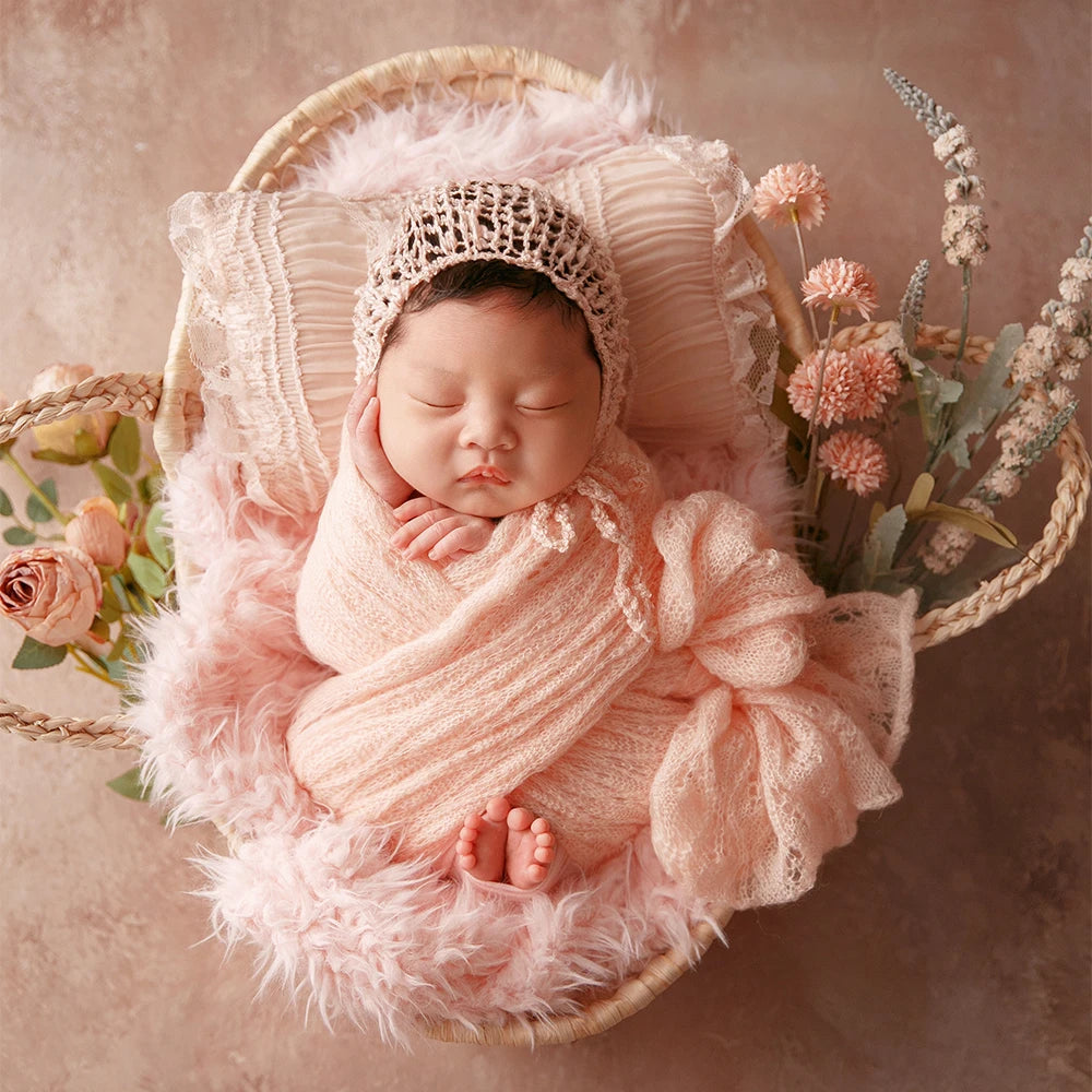 MOMSTAG Newborn Pink Theme Photography Props Set - Includes Knitted Wrap, Headflower, Lace Pillow, Bunny Doll