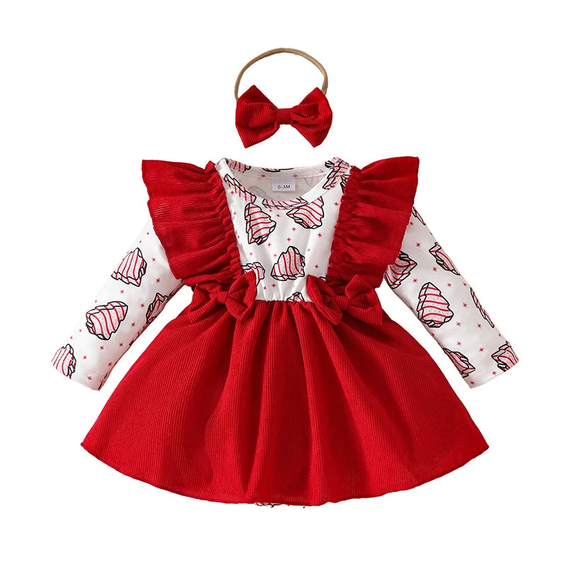 Corduroy Christmas Tree Print Rompers Dress with Headband for baby girls