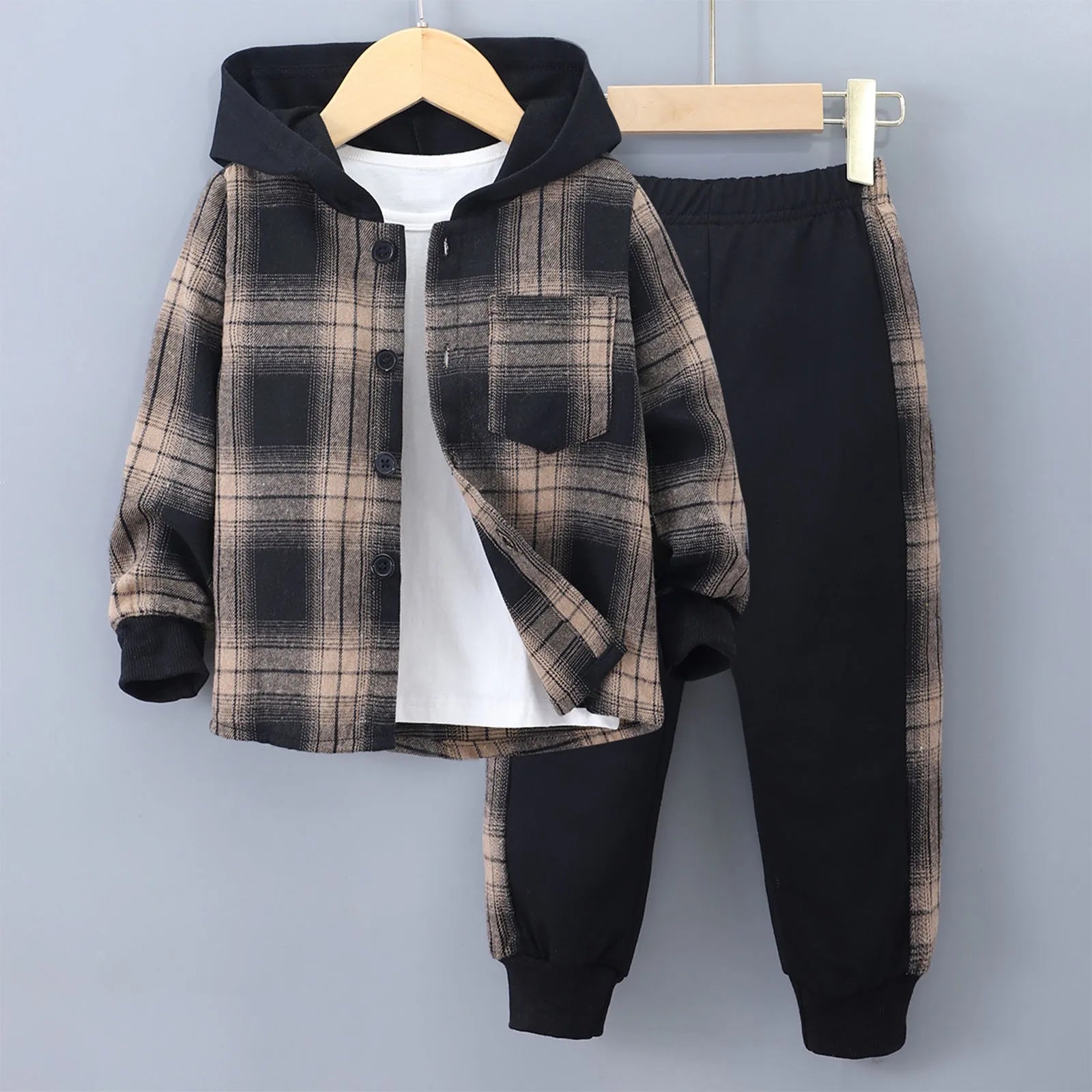 MOMSTAG Boys' Plaid Hooded Jacket & Sweatpants Set