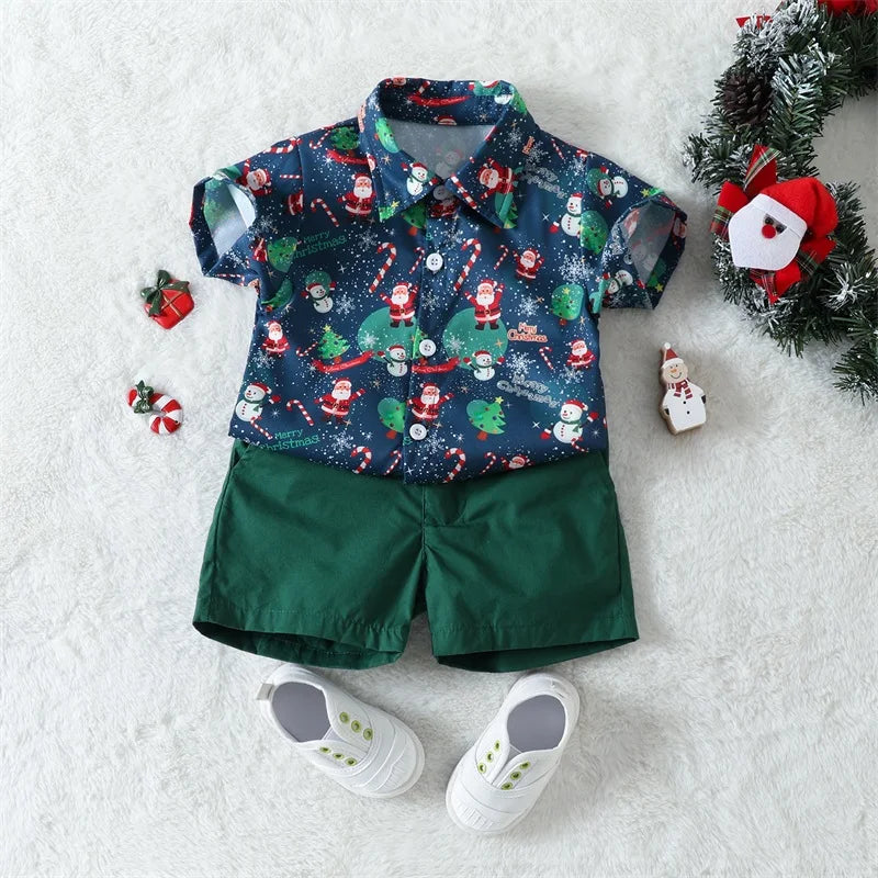 MOMSTAG Boys Christmas Santa Print Shirt & Shorts