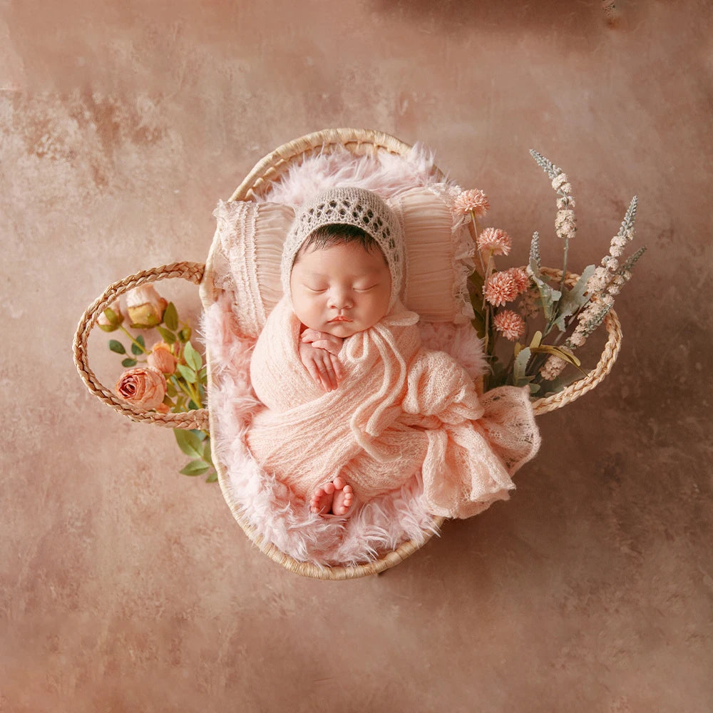 MOMSTAG Newborn Pink Theme Photography Props Set - Includes Knitted Wrap, Headflower, Lace Pillow, Bunny Doll