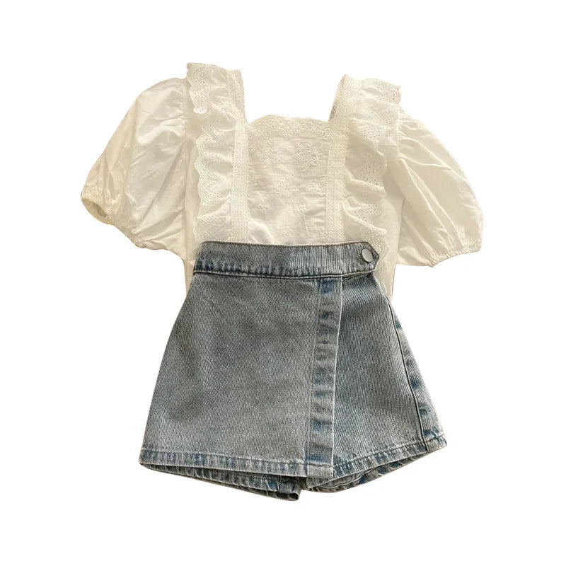 Toddlers / Girls Lace Blouse Top & Denim Shorts