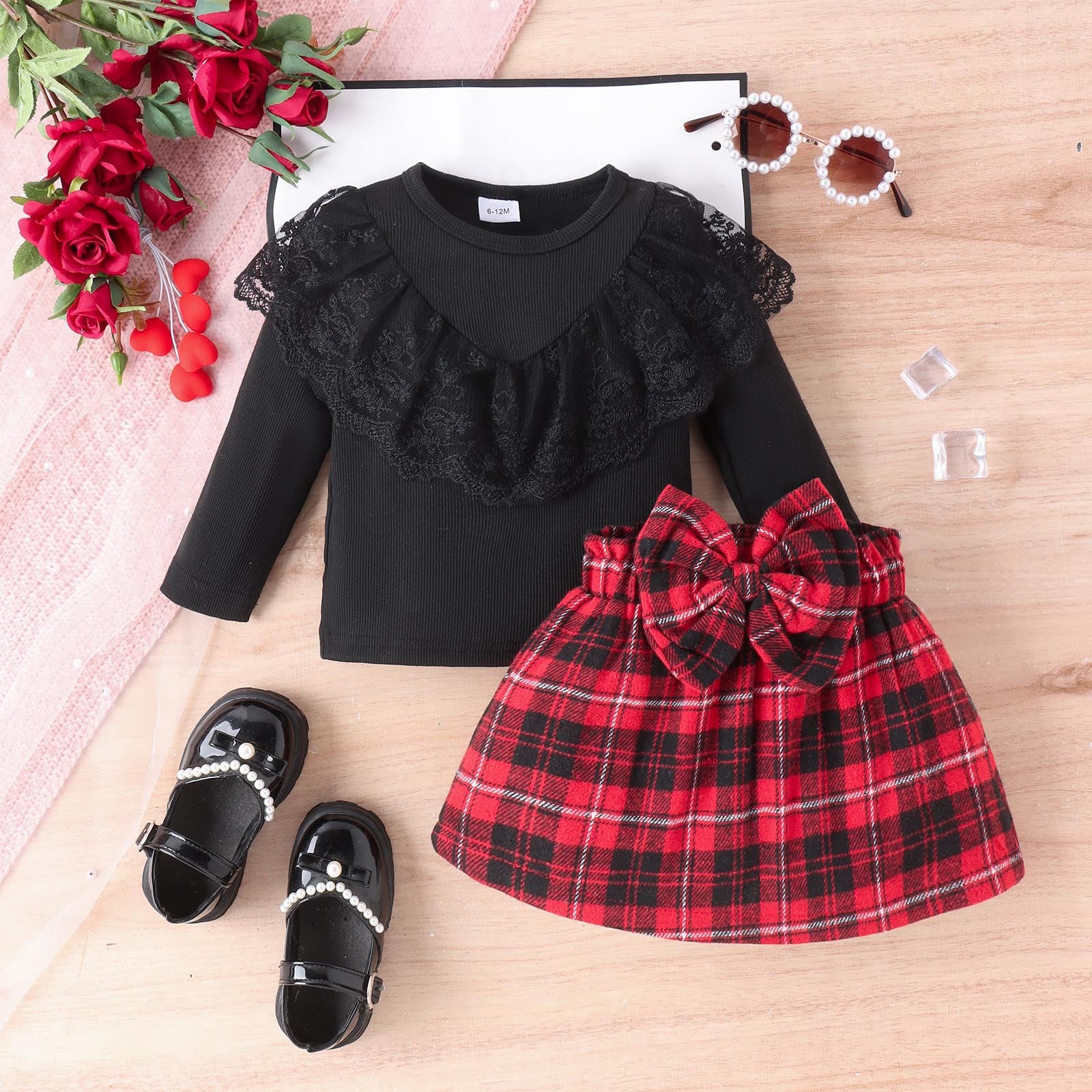 MOMSTAG Girls Autumn Winter Outfit Long Sleeve Tops+Plaid Skirt