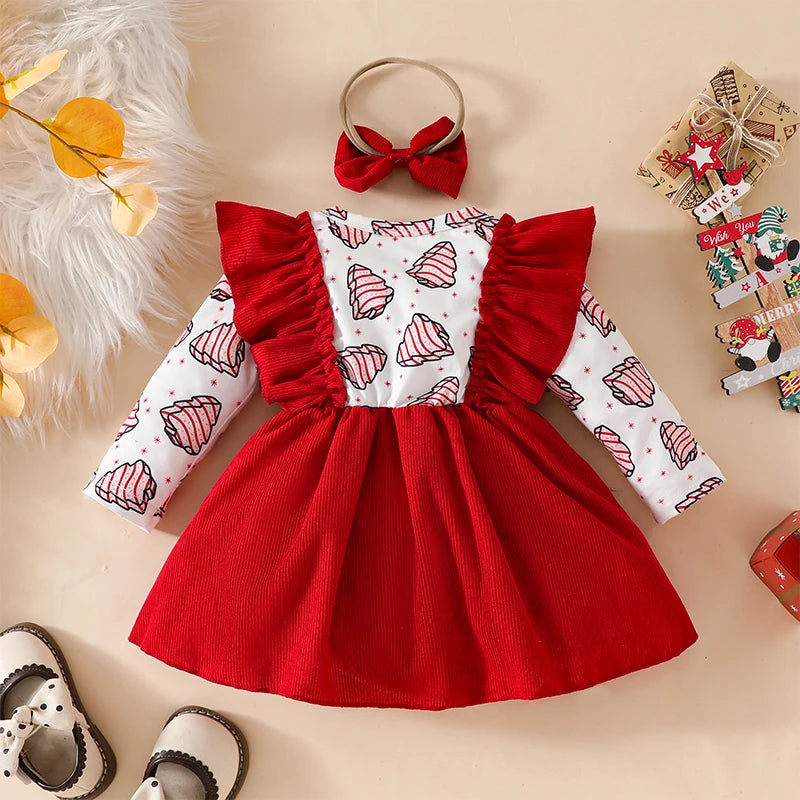 Corduroy Christmas Tree Print Rompers Dress with Headband for baby girls