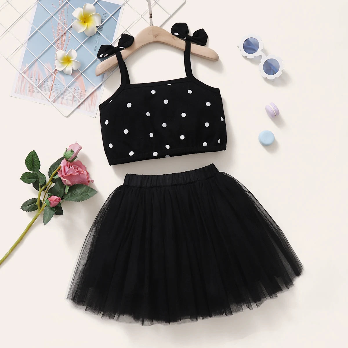 2Pcs Bow Top and Black Tulle Puff Skirt for Girls