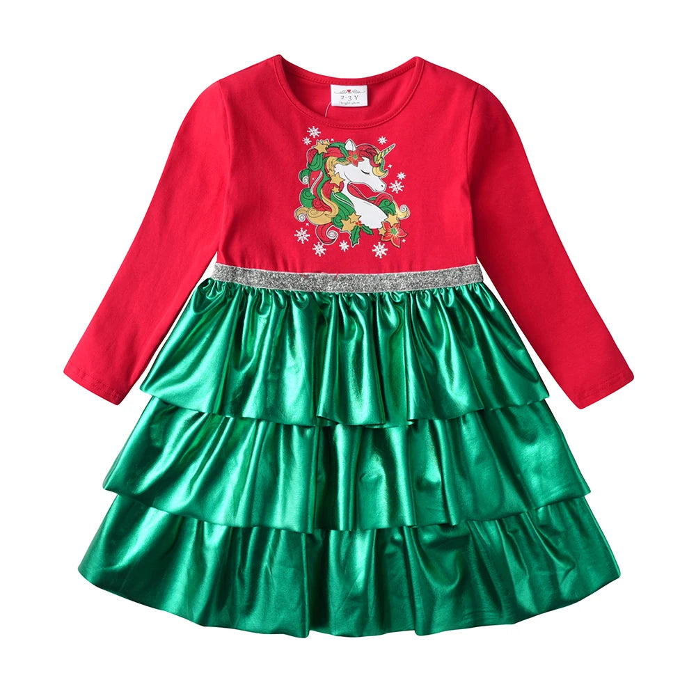 Girls’ Christmas Unicorn Patchwork Dress