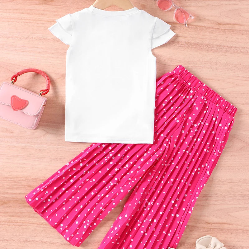 Short Sleeved+Wide Leg Pants Casual Two Piece Set for Girls