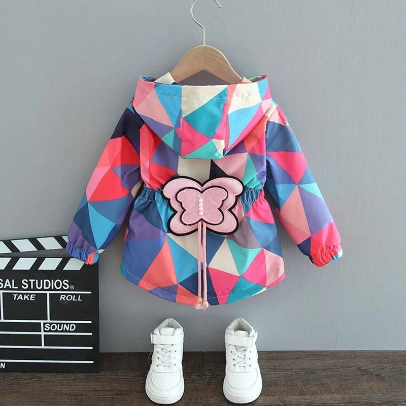 Girls Multicolor Butterfly Hooded Winter Jacket