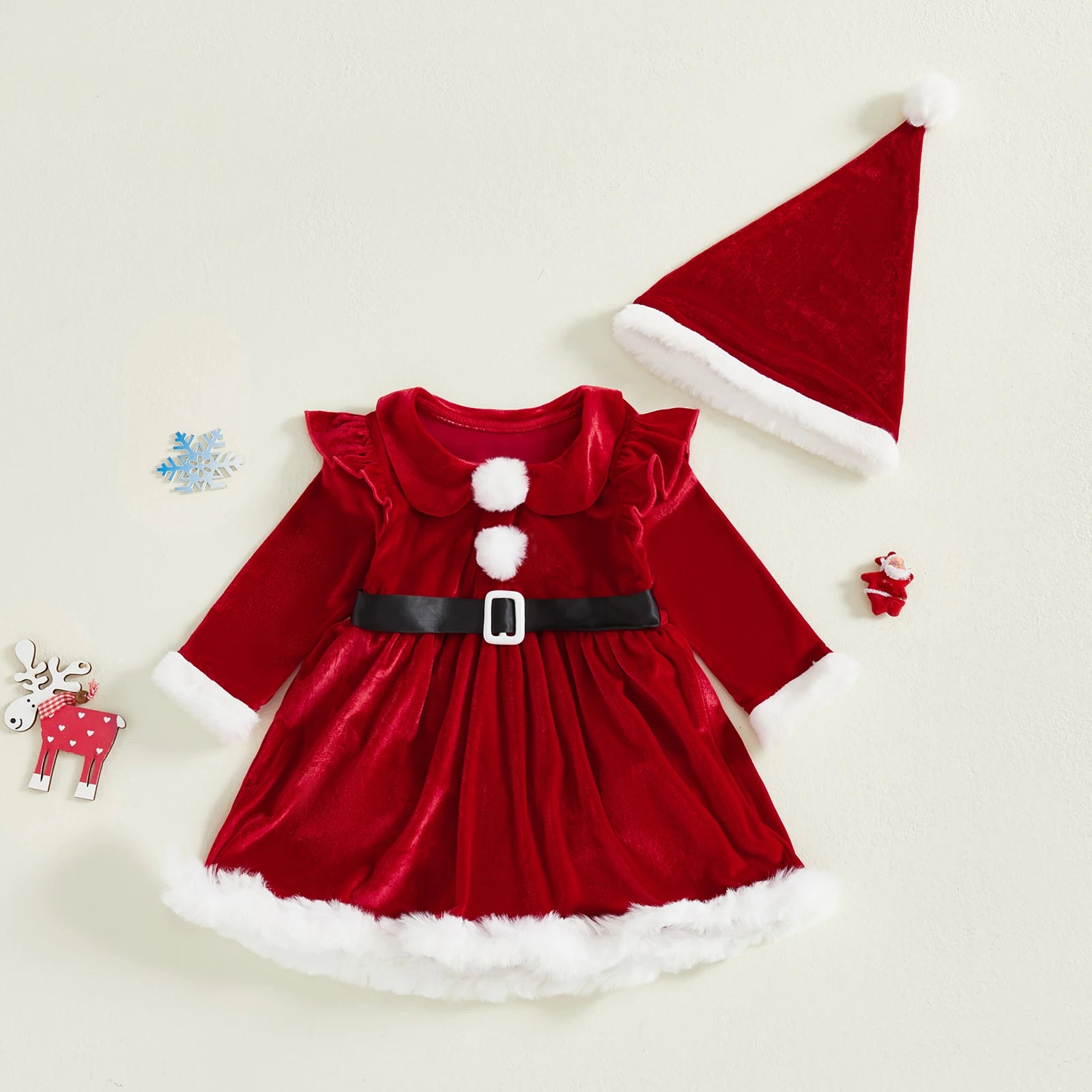 Baby Girl Santa Velvet Christmas Dress and Hat Set
