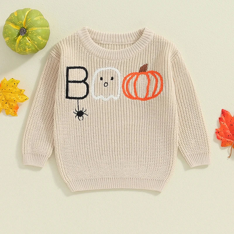 Baby Girls Boys Halloween Sweater Pumpkin Ghost Spider Letter Embroidered Long Sleeve Pullovers Fall Tops