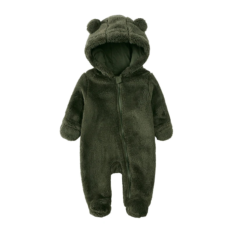 0-12M Fleece Baby Romper Hooded Zipper Bodysuit