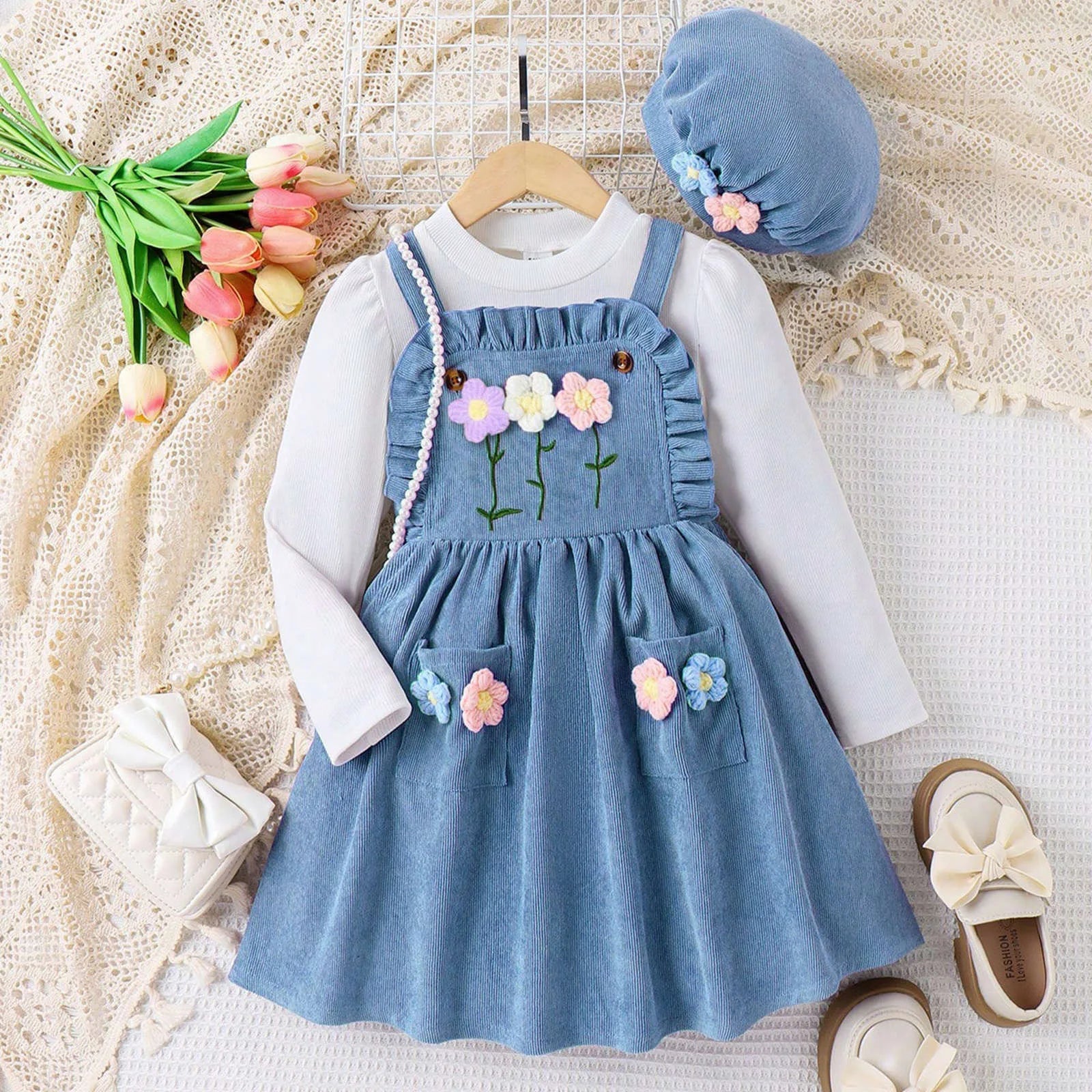 MOMSTAG Girls Top+Floral Splice Suspenders Dress+Cap 3 Pieces Set