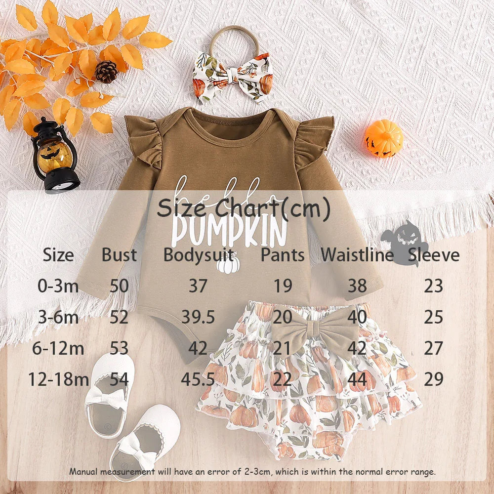 Pumpkin print Ruffle shorts with Headwear 3pcs baby outfit set for Halloween