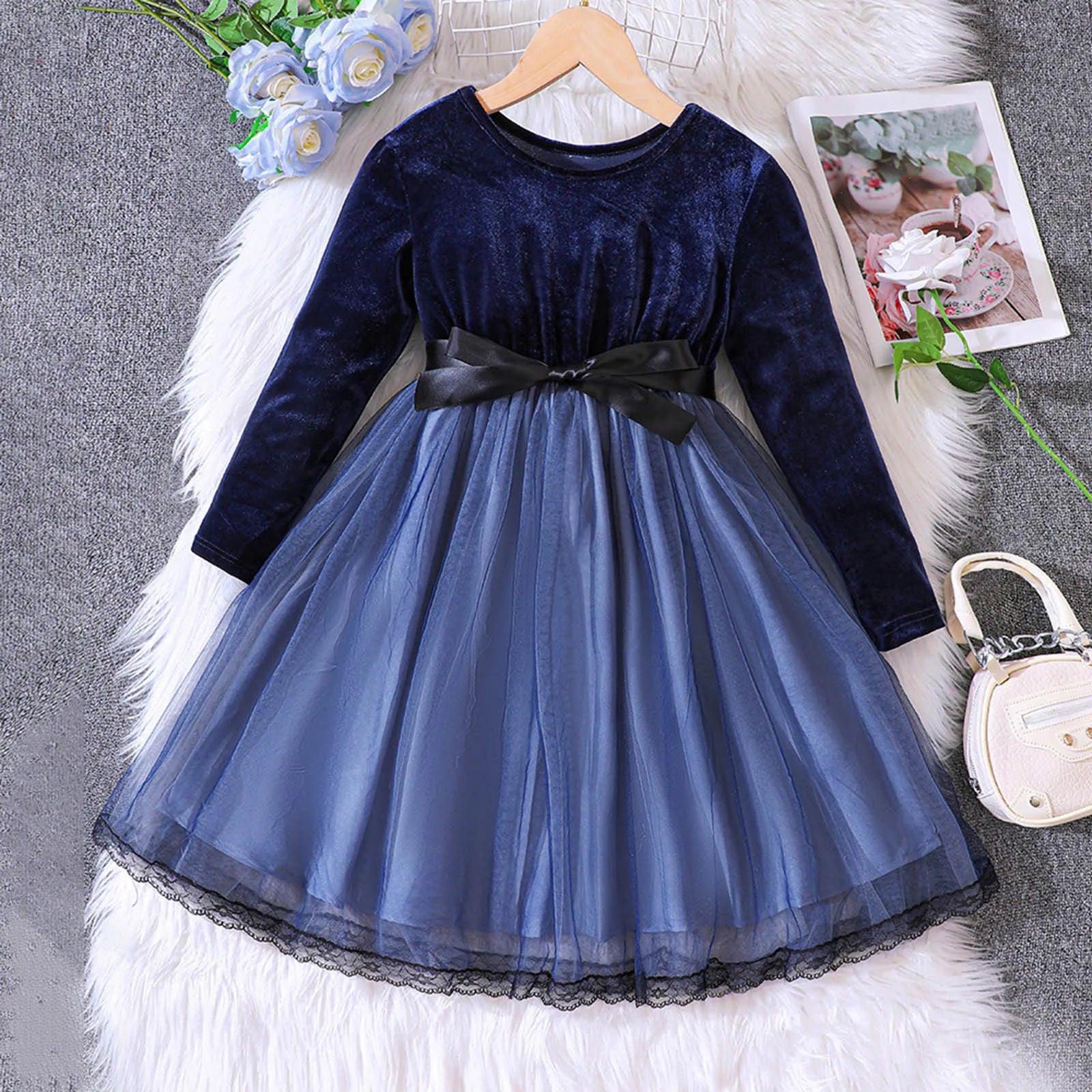 MOMSTAG Baby Girls Winter Bowknot Patchwork Star Tulle Dress