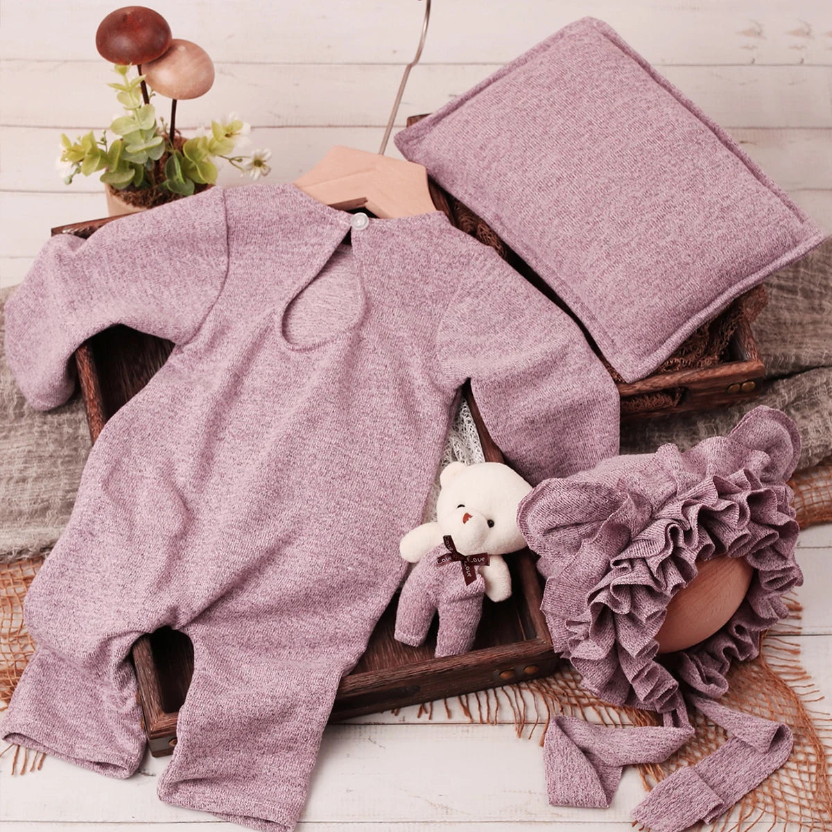 Newborn 4-Piece Photography Props Set - Includes Bears Ears Hat, Mini Bear Doll, and Posing Pillow