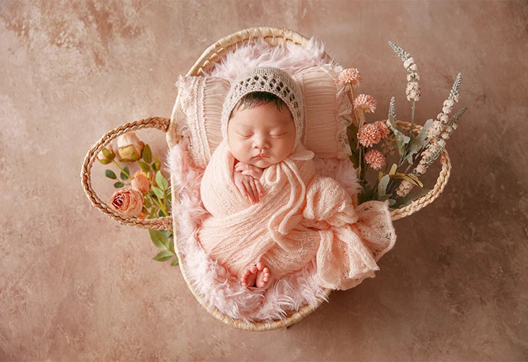 MOMSTAG Newborn Pink Theme Photography Props Set - Includes Knitted Wrap, Headflower, Lace Pillow, Bunny Doll