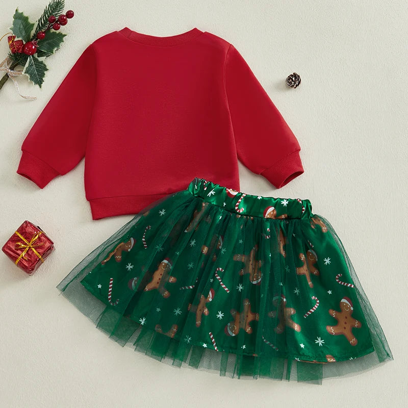 MOMSTAG Toddler Girls Long Sleeve Gingerbread Sweatshirt & Tulle Skirt Set