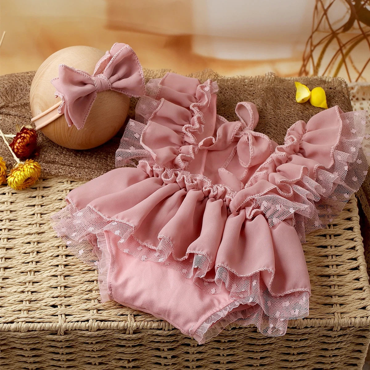 Newborn Dusty Pink Chiffon Romper & Bow Hairband Set