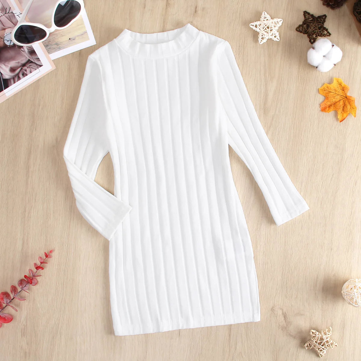 MOMSTAG Winter Girls O-Neck Long Sleeve Dolid Knitting Pencil Dress