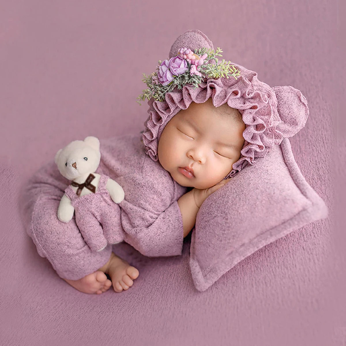 Newborn 4-Piece Photography Props Set - Includes Bears Ears Hat, Mini Bear Doll, and Posing Pillow