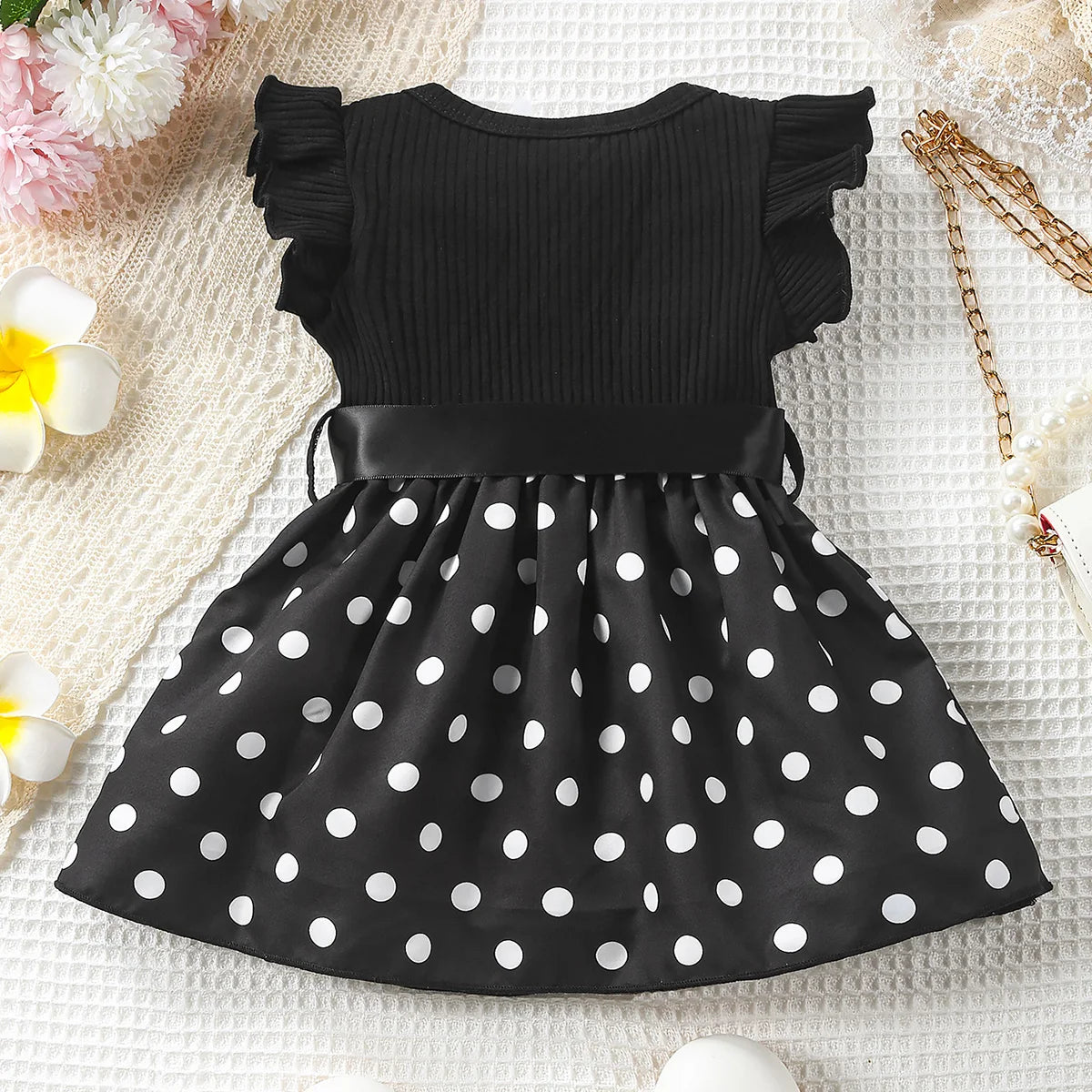 MOMSTAG Baby Girl Butterfly & Plant Polka Dot Ruffle Sleeve Dress with Ribbon