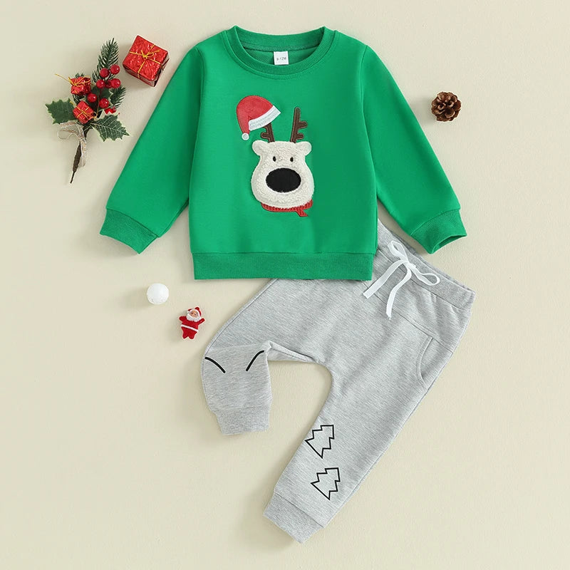 Santa Fuzzy Embroidery Long Sleeve Sweatshirts+Long Pants Christmas Outfits for boys