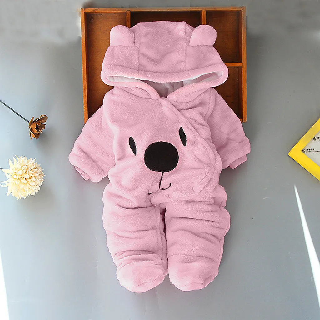 MOMSTAG Newborn Hooded Romper Cartoon Bear Plush Cute Overall Jumpsuit For Kids