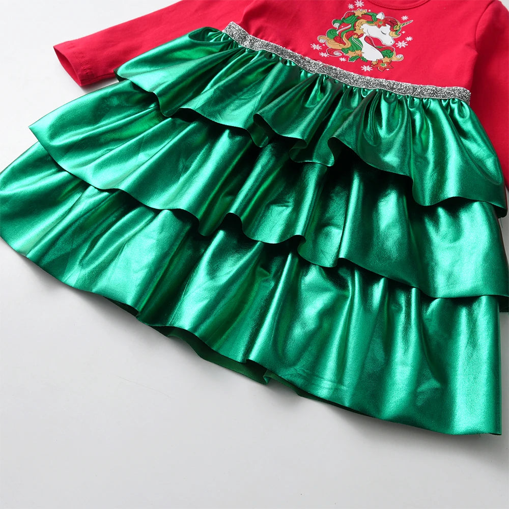 Girls’ Christmas Unicorn Patchwork Dress