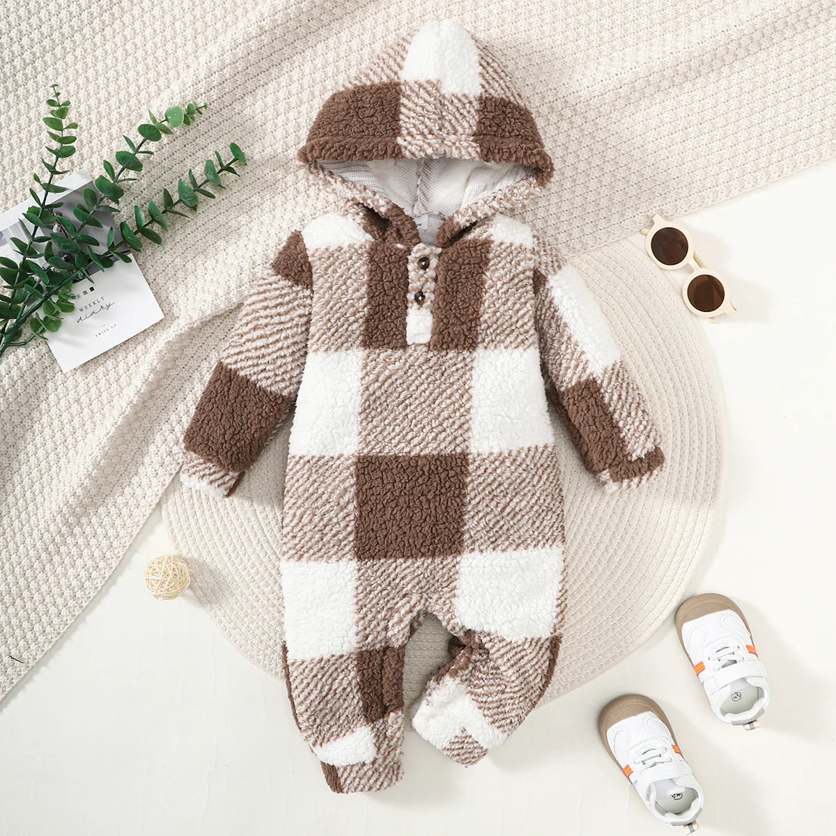 Baby Plaid Hooded Romper 3–24M