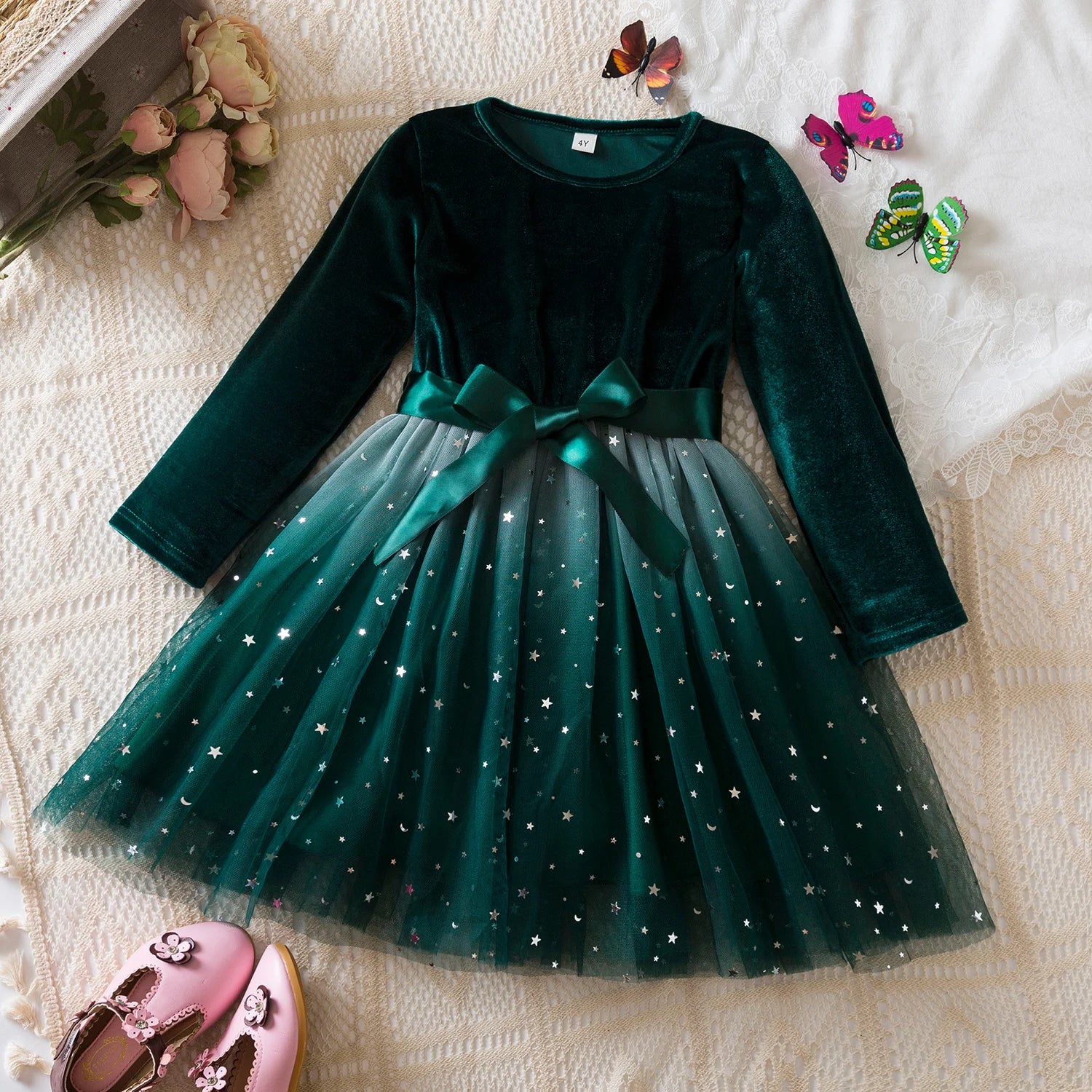 Girls Autumn Winter Long Sleeve Bow Sequin Princess Dress