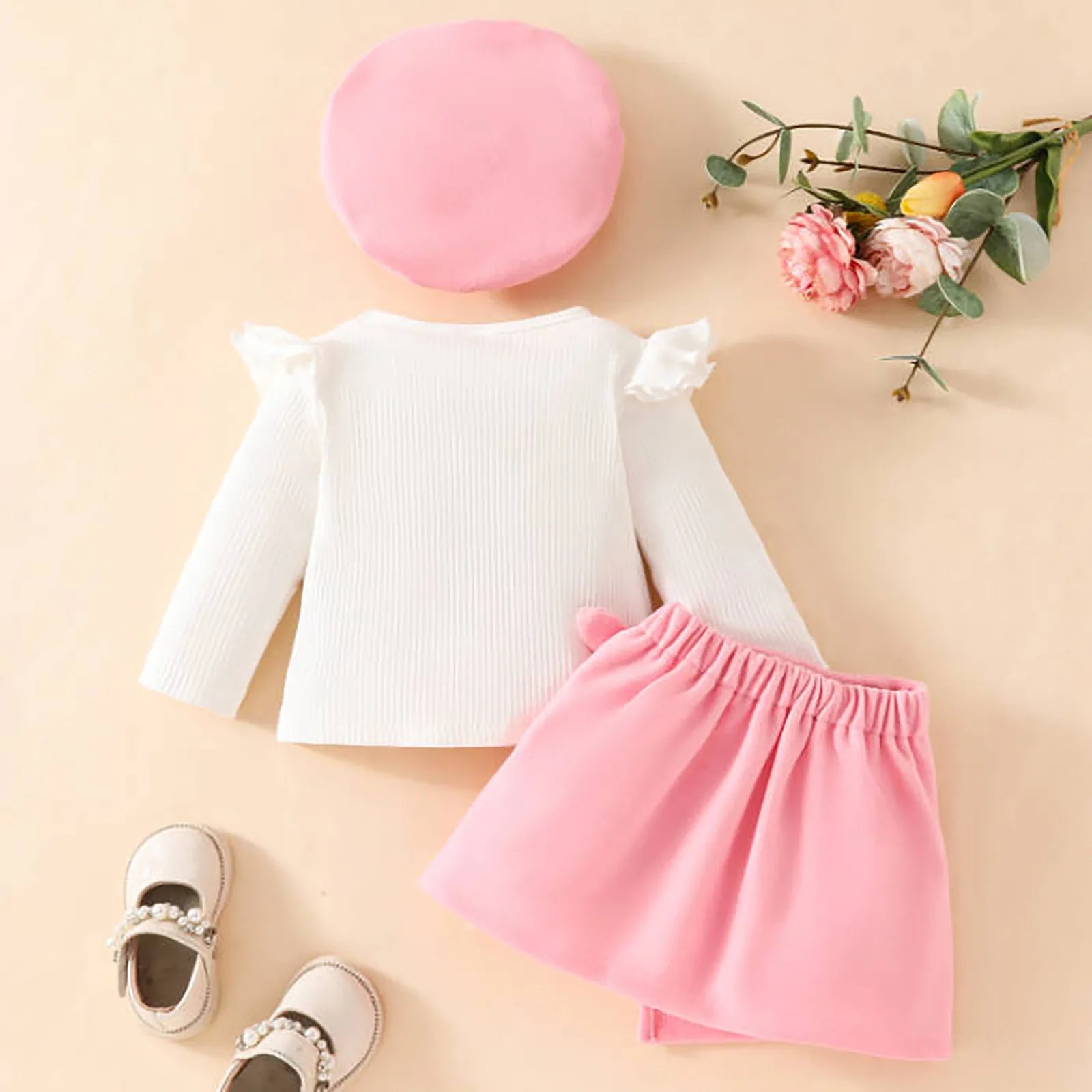 MOMSTAG Baby Girls Christmas Long Sleeve Big Bow Top Irregular Skirt and Beret 3Pcs Set