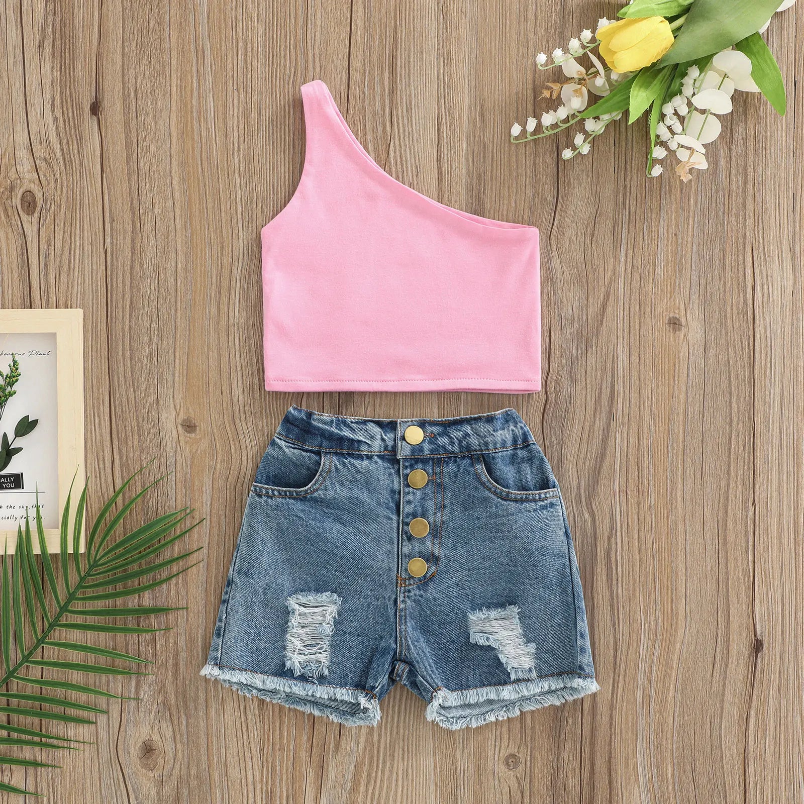 Pink Sleeveless One Shoulder Top + Ripped Denim Shorts