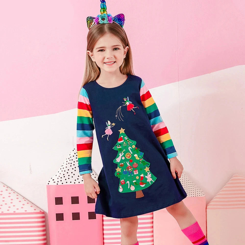 Girls Christmas Tree Appliqued Dress