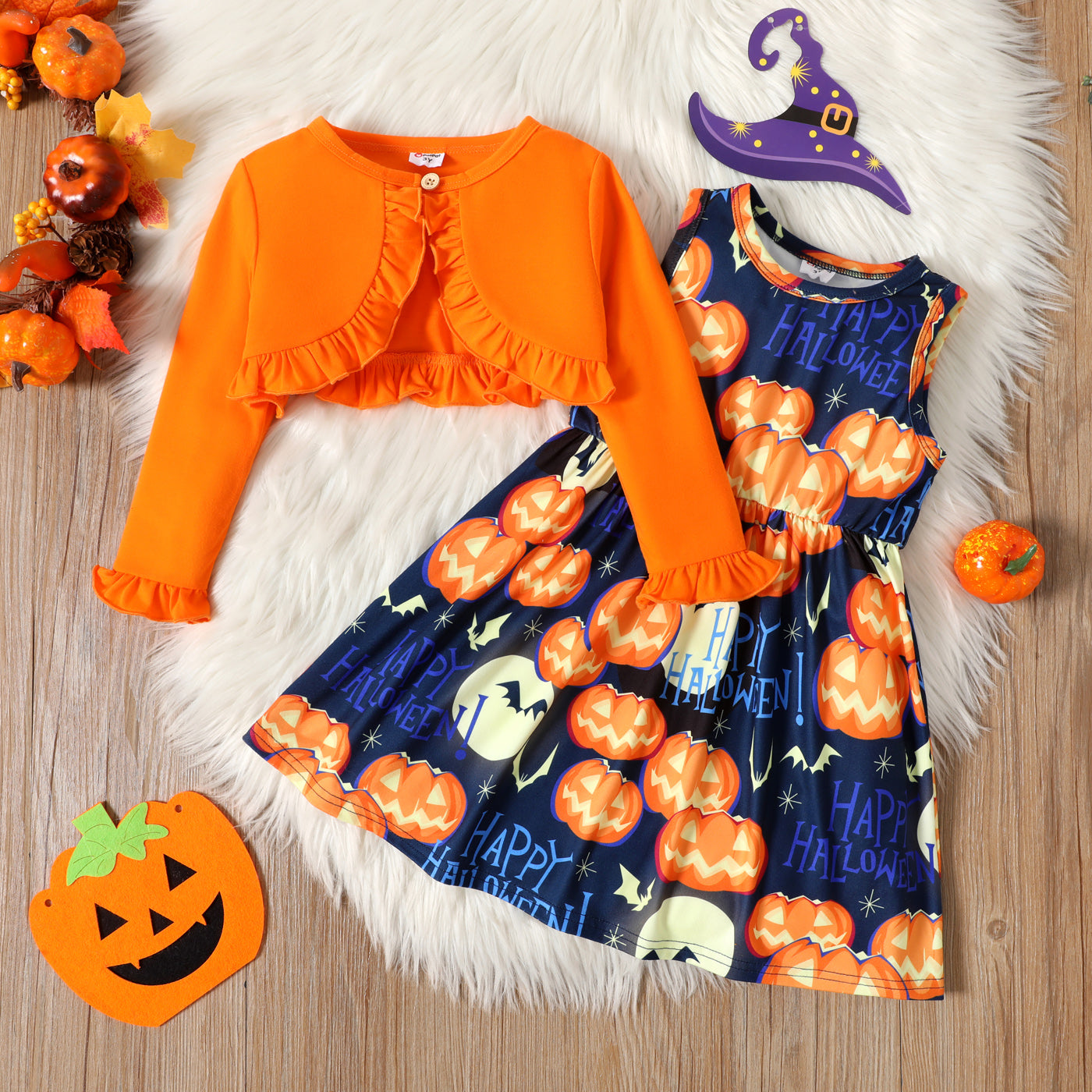 Pumpkin Print Sleeveless Dress and Ruffled Cardigan Set for Toddler Girls