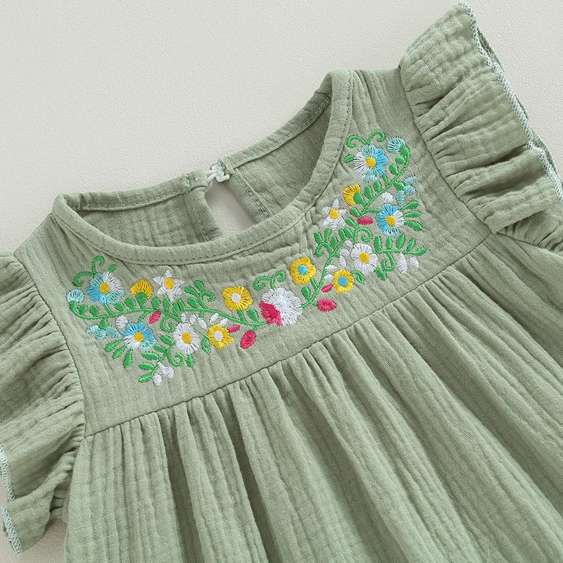 Sleeveless Ruffle Cotton Linen Flare Dress for Girls