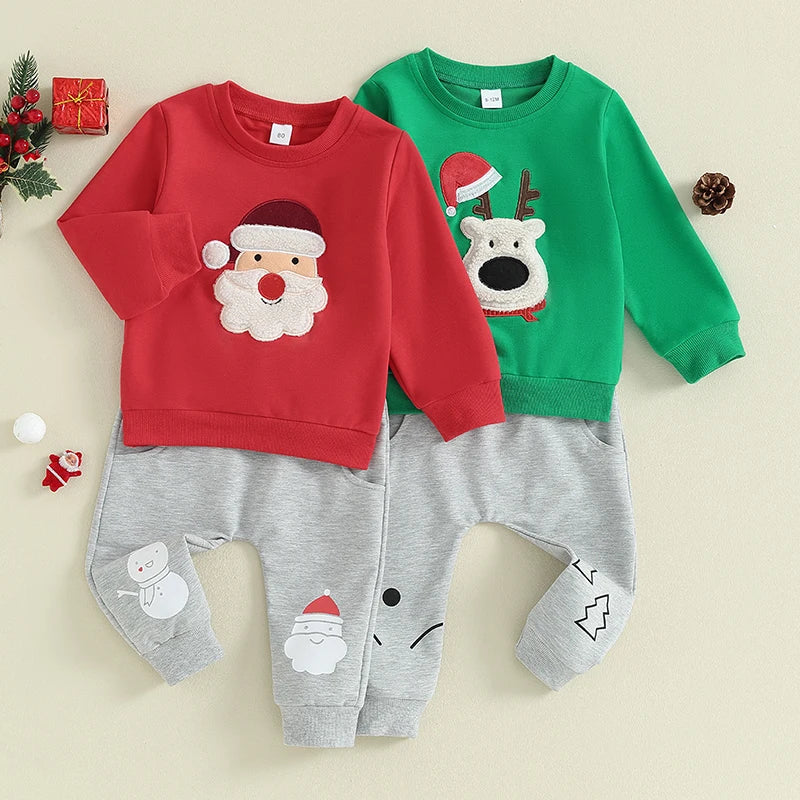 Santa Fuzzy Embroidery Long Sleeve Sweatshirts+Long Pants Christmas Outfits for boys