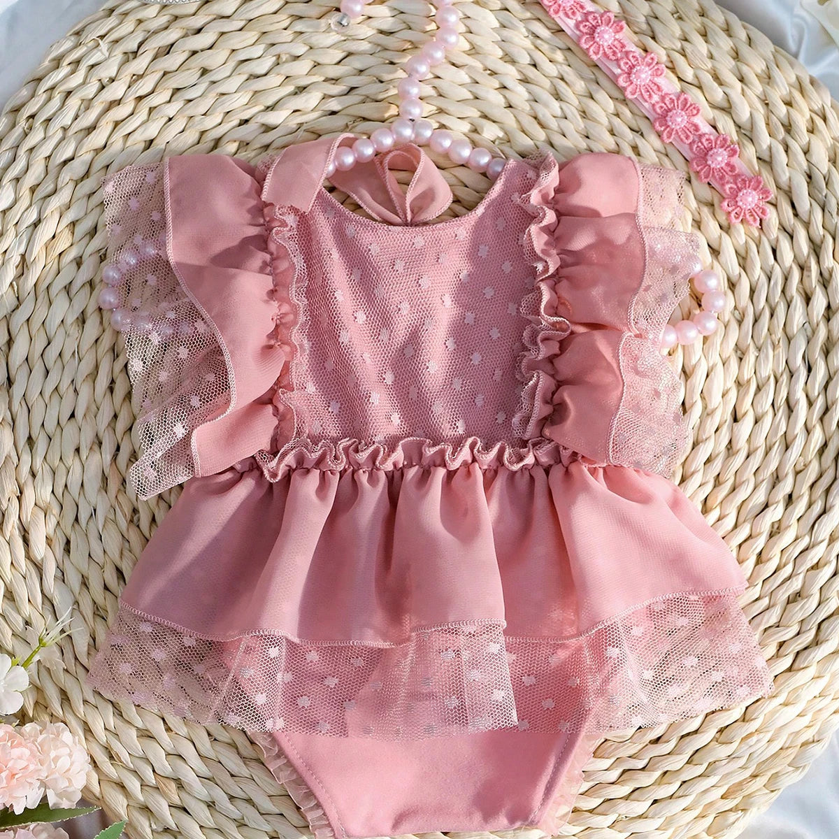 Newborn Dusty Pink Chiffon Romper & Bow Hairband Set