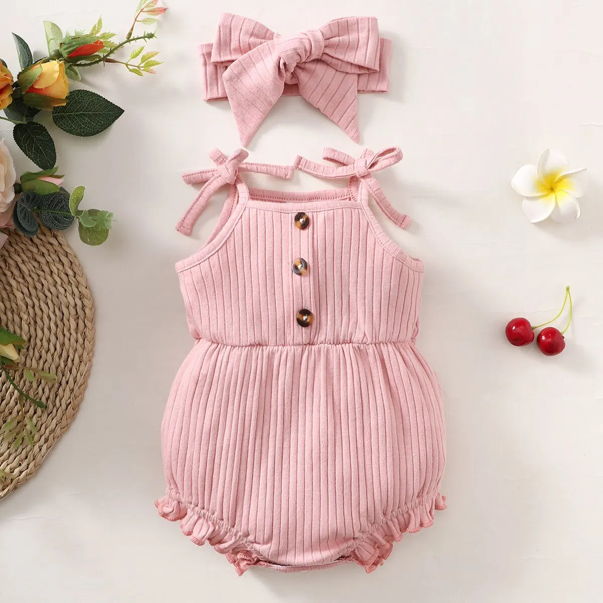 Baby Girl Romper Pink Ribbed Sling Bodysuit+ Headwear