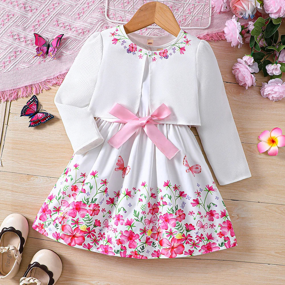 Floral Print Long Sleeve Cardigan and Sleeveless Bow Dress outfit set for Girls