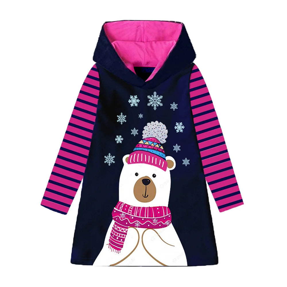 Hooded Snowflake Cartoon Knit Dress for Girls