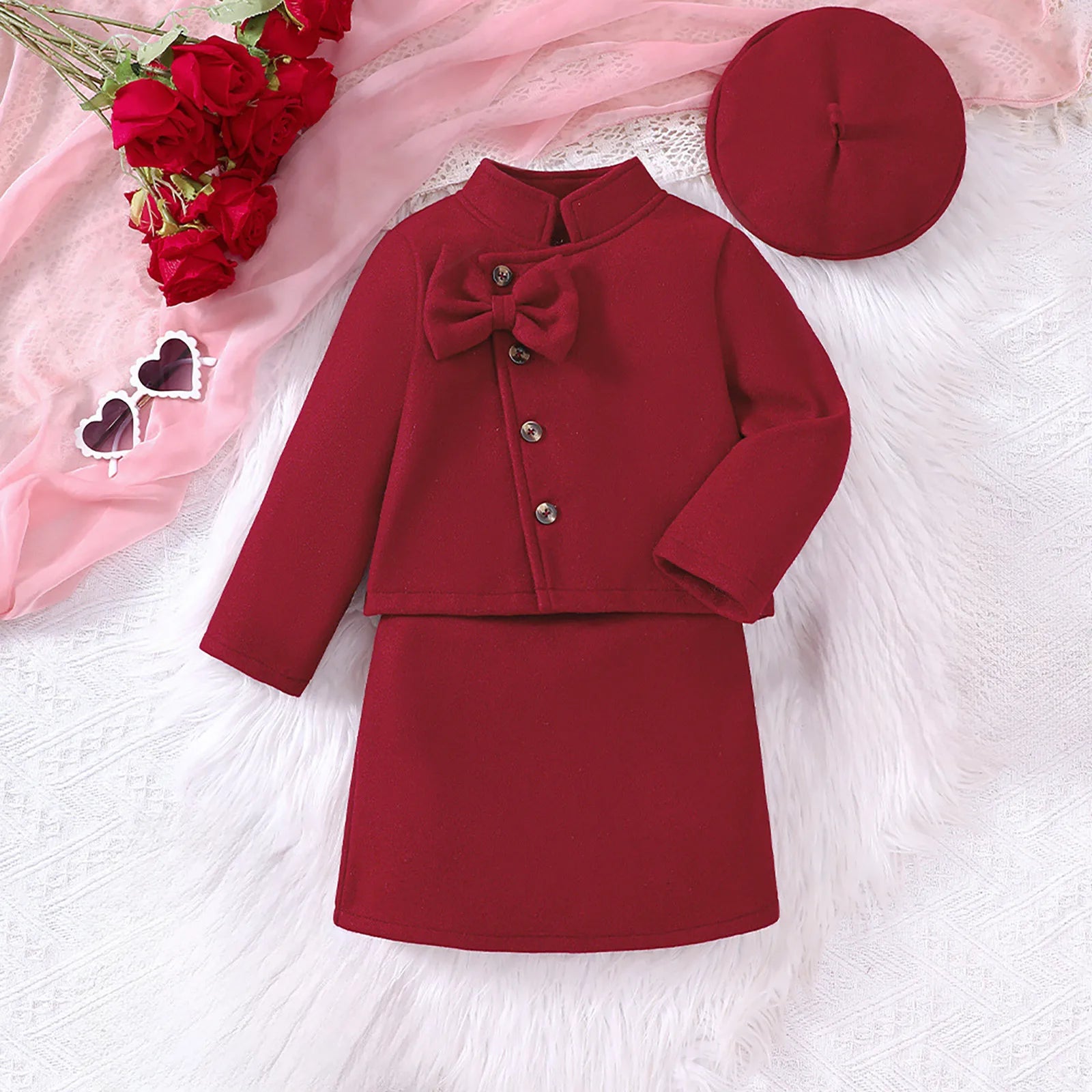 MOMSTAG Baby Girl Winter Standing Collar Double Row Button Woolen Coat With Hat