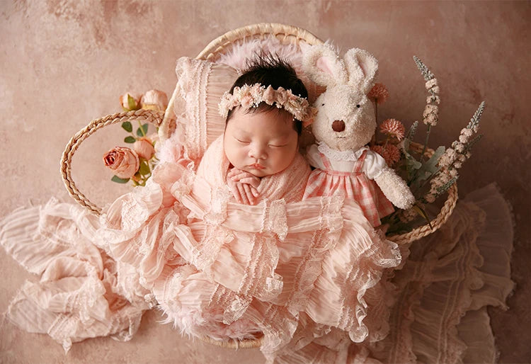 MOMSTAG Newborn Pink Theme Photography Props Set - Includes Knitted Wrap, Headflower, Lace Pillow, Bunny Doll