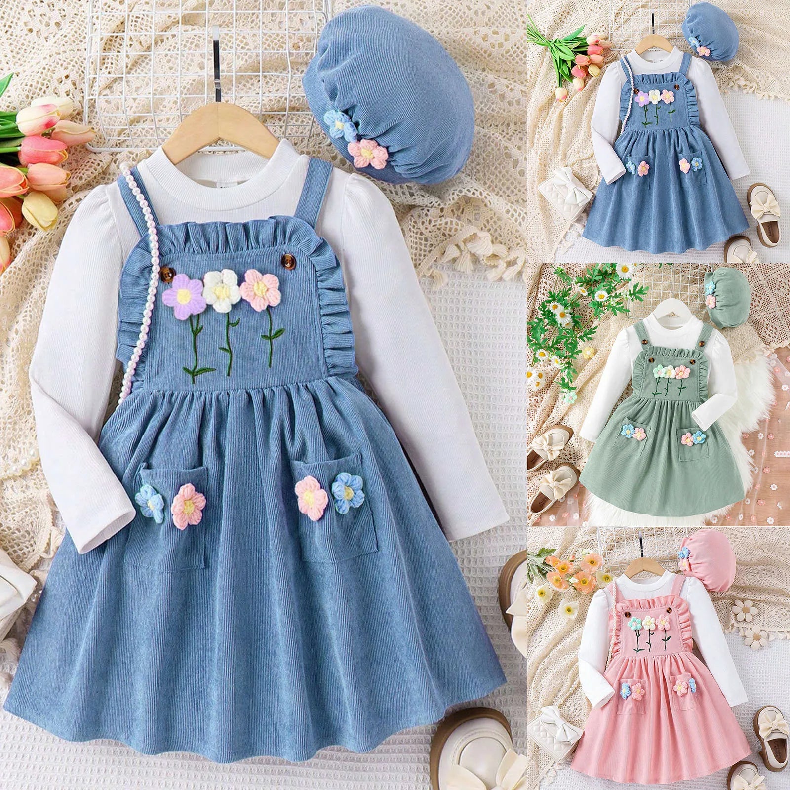 MOMSTAG Girls Top+Floral Splice Suspenders Dress+Cap 3 Pieces Set