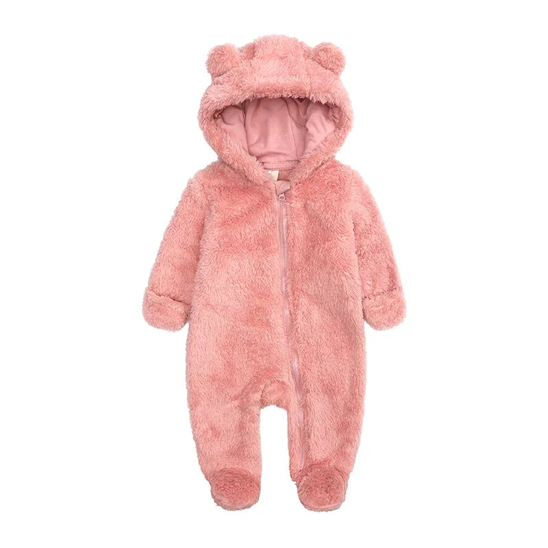 0-12M Fleece Baby Romper Hooded Zipper Bodysuit