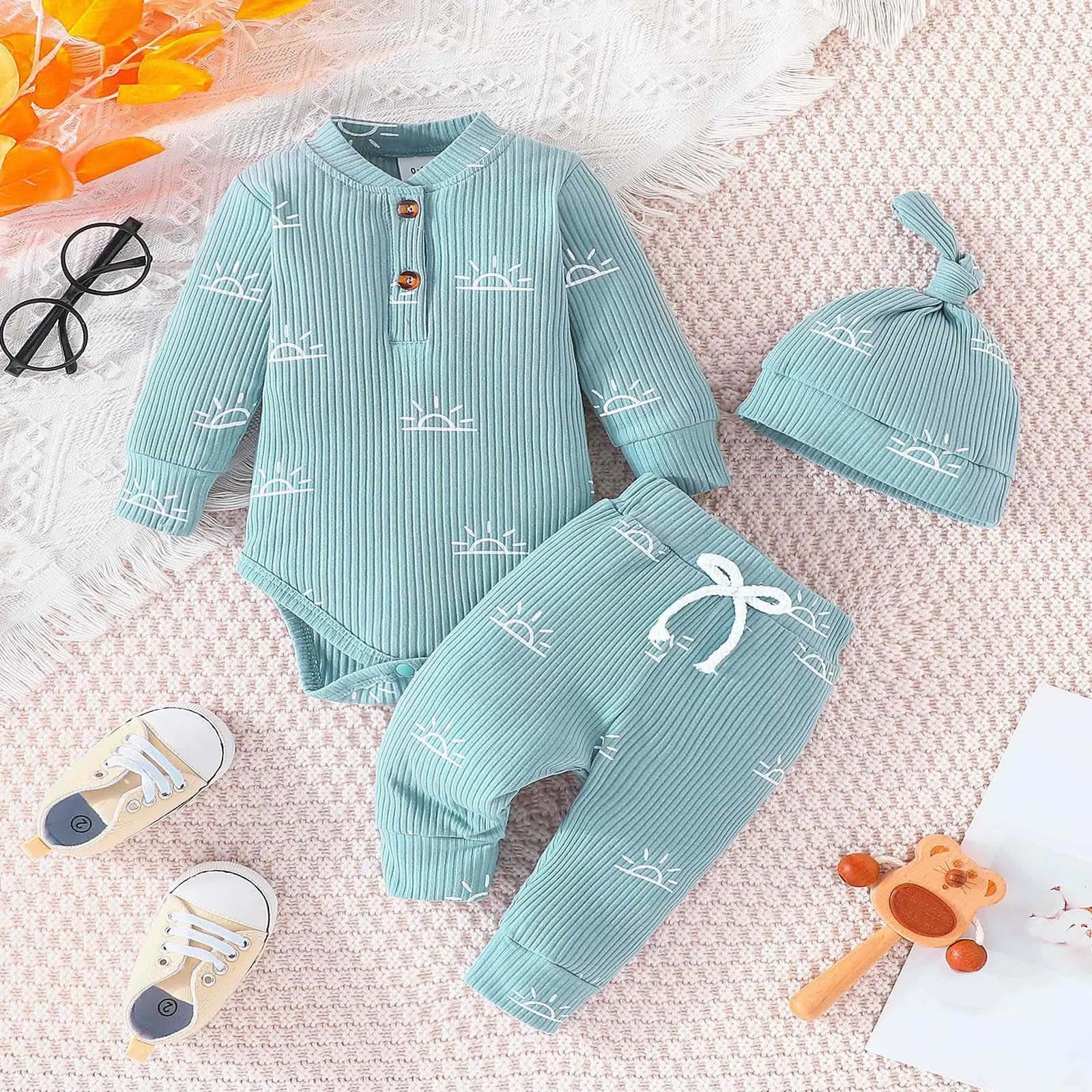 MOMSTAG Newborn Winter Cotton Long Sleeve Bodysuits Pants Hat 3Pcs