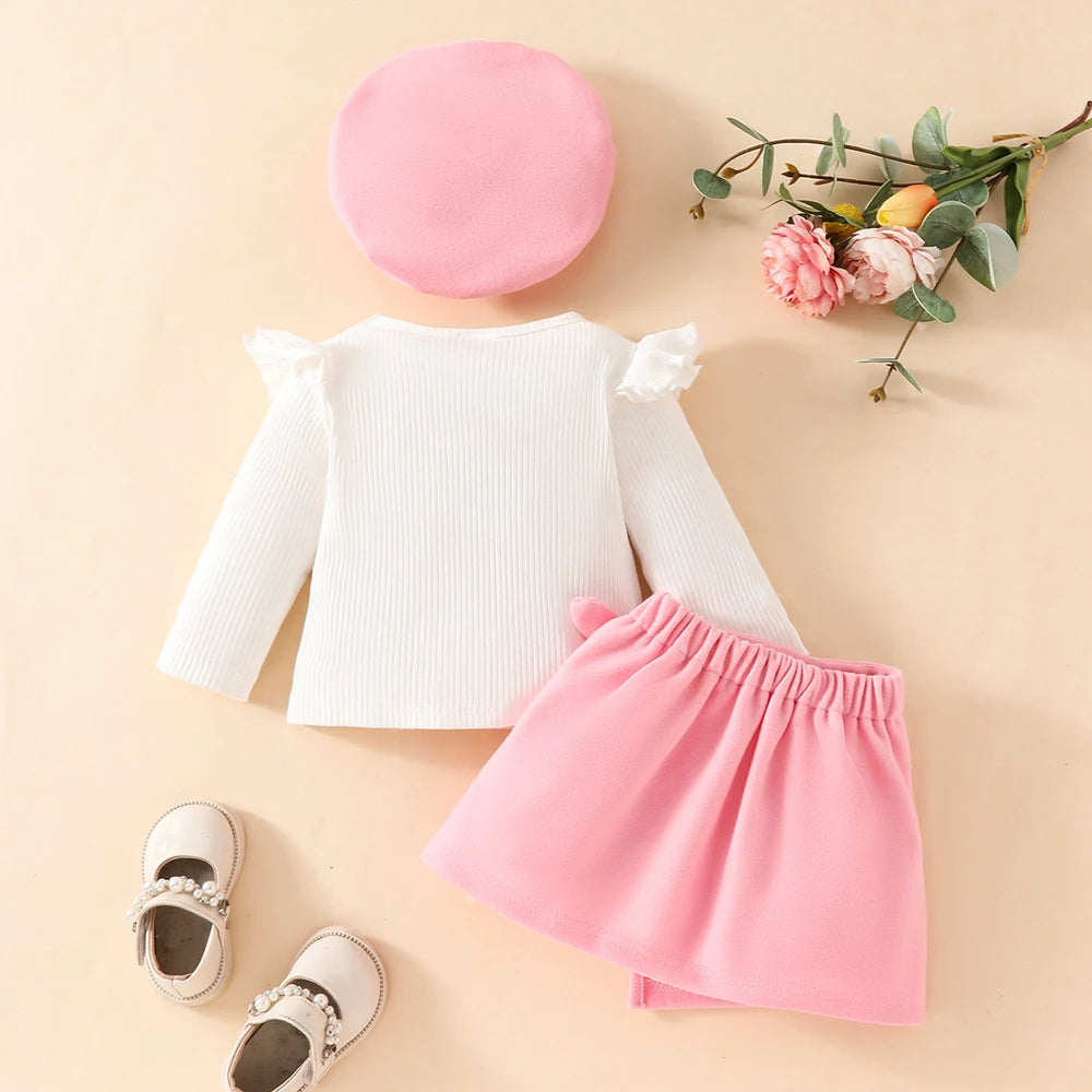 Long Sleeve Big Bow Top Irregular Skirt and Beret 3Pcs Christmas Clothes for toddler