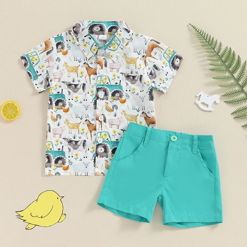 Baby Boy Summer Outfit Short Sleeve Farm Animal Print Shirt Top and Casual Shorts Set