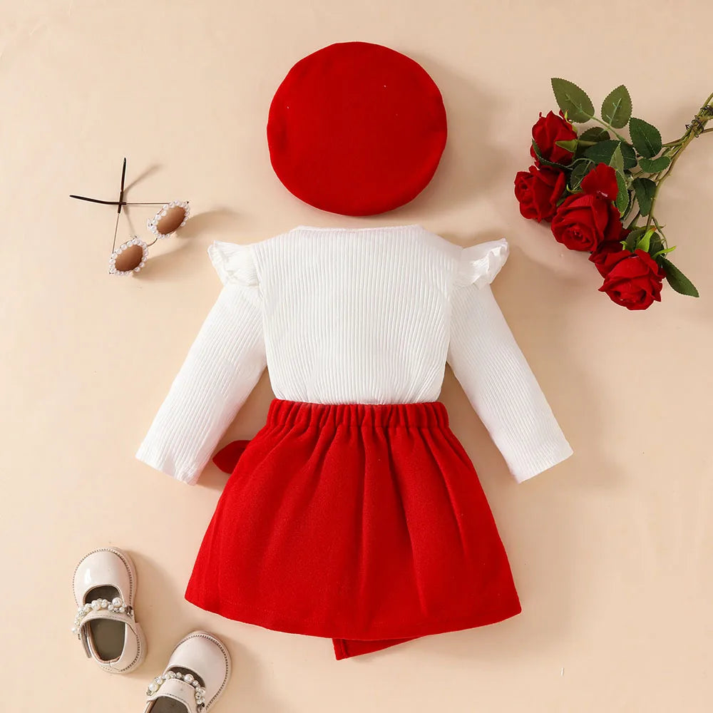 Long Sleeve Big Bow Top Irregular Skirt and Beret 3Pcs Christmas Clothes for toddler