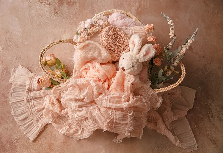 MOMSTAG Newborn Pink Theme Photography Props Set - Includes Knitted Wrap, Headflower, Lace Pillow, Bunny Doll