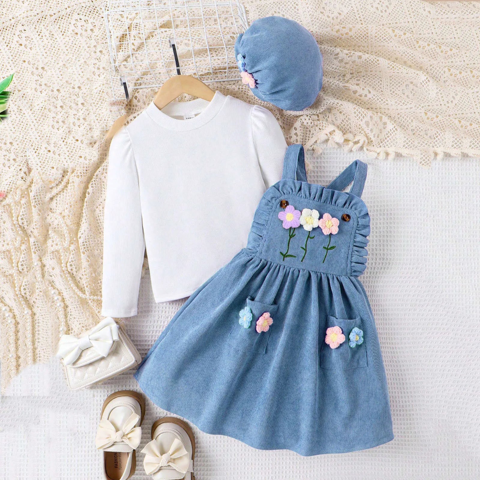 MOMSTAG Girls Top+Floral Splice Suspenders Dress+Cap 3 Pieces Set